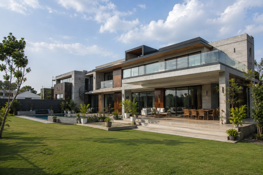 Premium farmhouse construction project in Karnataka with modern design