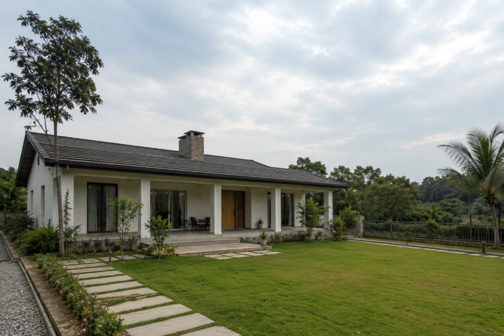 Luxury farmhouse under construction in Karnataka with modern architecture and landscaped surroundings